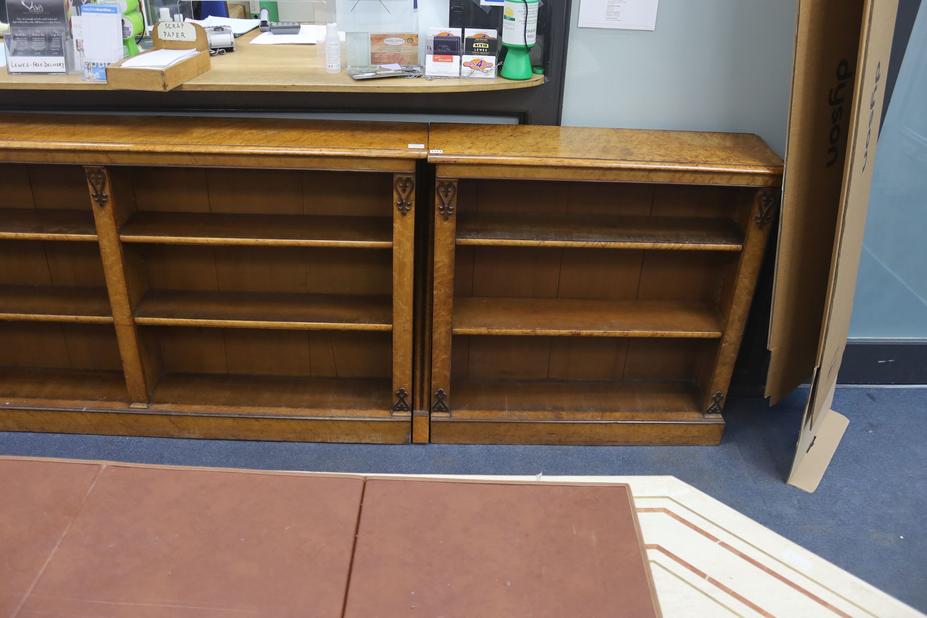 A Victorian two sectional (converted) bird's eye maple open bookcase, length 268cm, depth 27cm, height 94cm